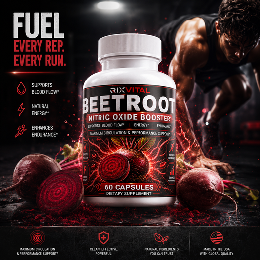 Beetroot supplement bottle with red beets and a muscular person in the background, on a dark background.