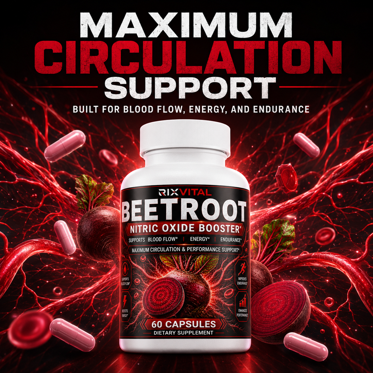 Supplement bottle labeled 'Beetroot Nitric Oxide Booster' with red blood cell and beetroot graphic on a dark background.