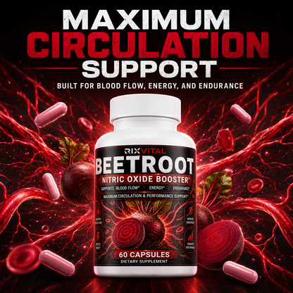 Supplement bottle labeled 'Beetroot Nitric Oxide Booster' with red blood cell and beetroot graphic on a dark background.