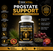 RixVital Prostate Support supplement bottle with health benefits on a dark background