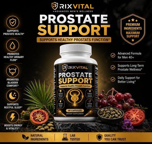 RixVital Prostate Support supplement bottle with health benefits on a dark background