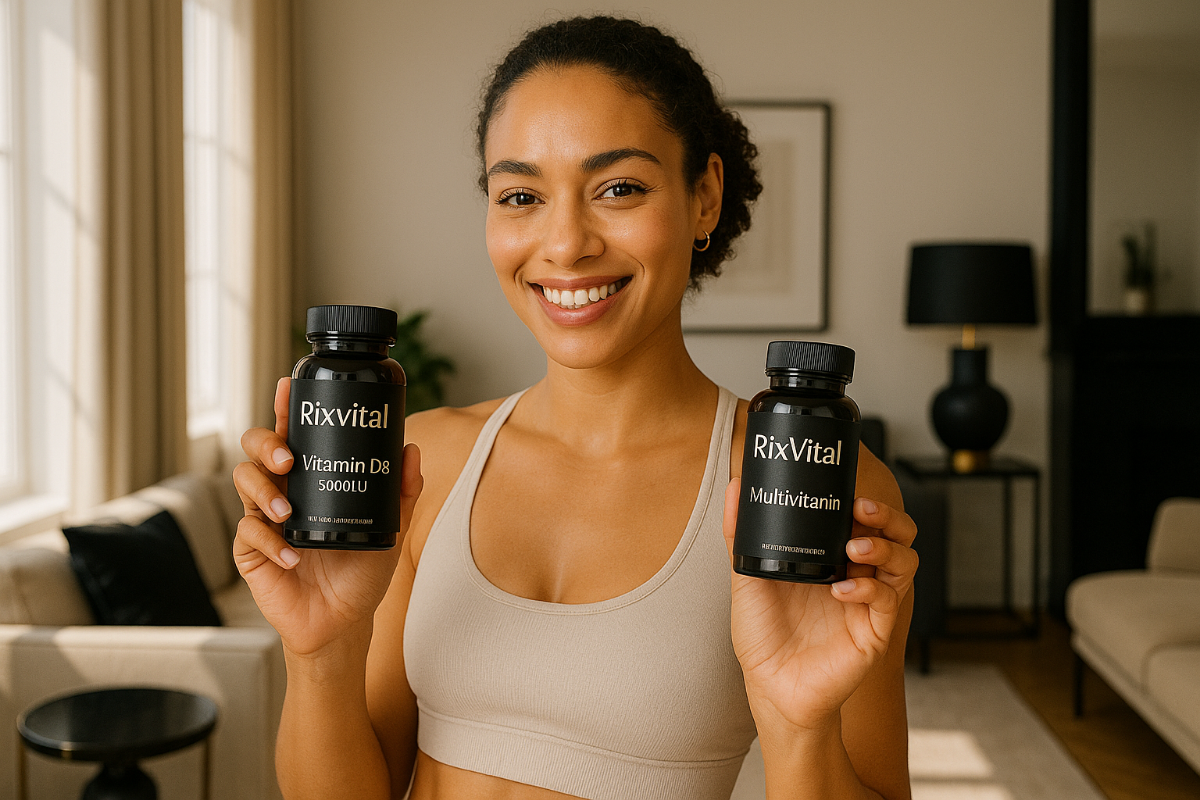 Woman holding two Rixvital supplement bottles in a living room setting
