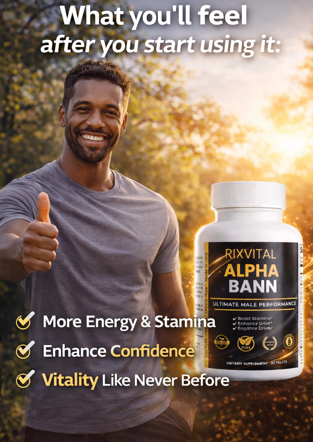 Man giving a thumbs up with Rixvital Alpha Bann supplement bottle in front, outdoors.