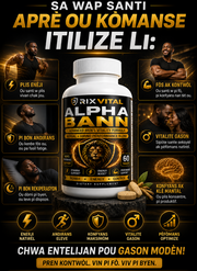 Supplement bottle labeled 'Alpha Bann' with promotional text and images on a dark background