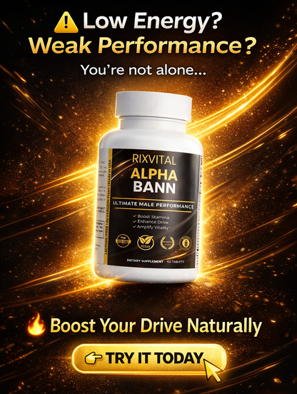 Rixvital Alpha Bann supplement bottle on a glowing background with text about low energy and weak performance.