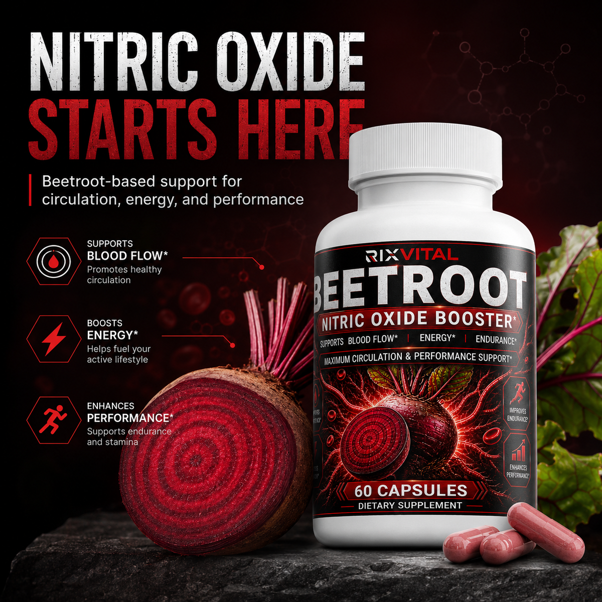 RixVital Beetroot Nitric Oxide Booster supplement bottle with beetroot and capsules on a dark background
