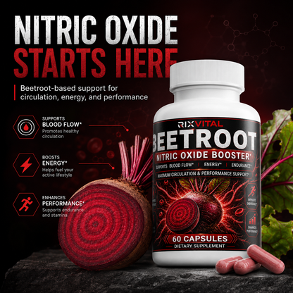 RixVital Beetroot Nitric Oxide Booster supplement bottle with beetroot and capsules on a dark background