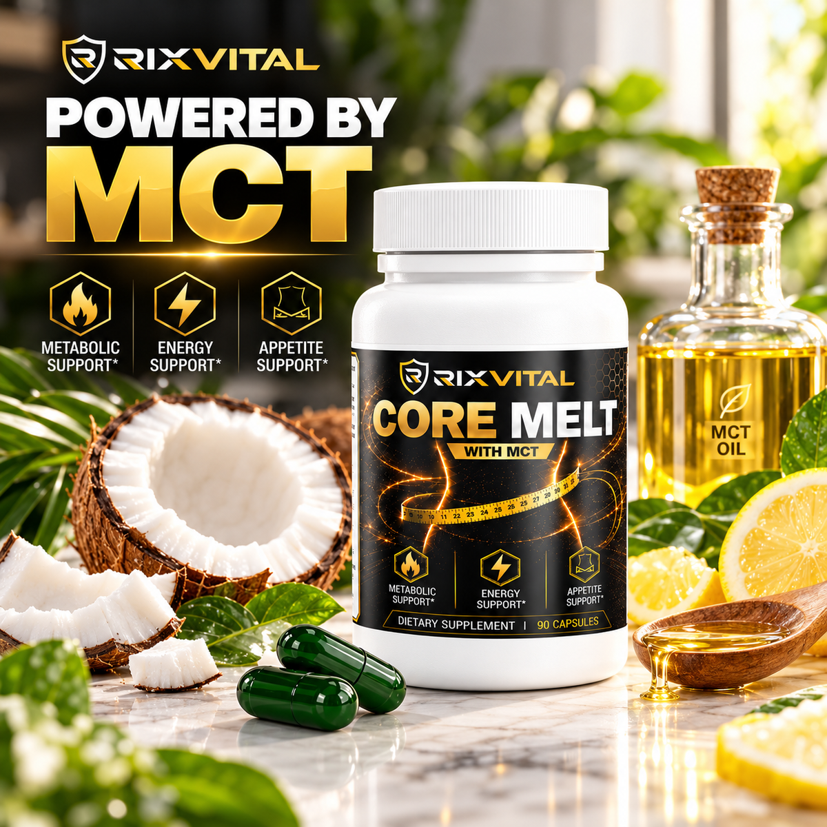 A bottle of RIXVITAL Core Melt dietary supplement with MCT oil, surrounded by ingredients like a coconut, lemon slices, green capsules, and a glass bottle of MCT oil on a marble surface with a blurred tropical background.