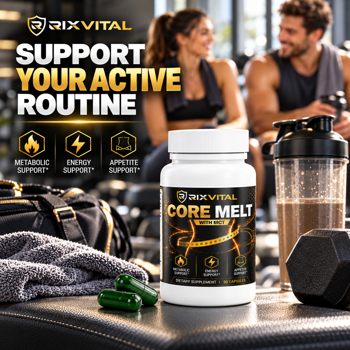 A bottle of RIXVITAL Core Melt dietary supplement with two green capsules, set on a gym bench with a shaker bottle, towel, and dumbbell, with blurred gym-goers in the background and promotional text on the left.