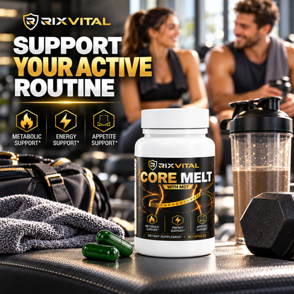 A bottle of RIXVITAL Core Melt dietary supplement with two green capsules, set on a gym bench with a shaker bottle, towel, and dumbbell, with blurred gym-goers in the background and promotional text on the left.