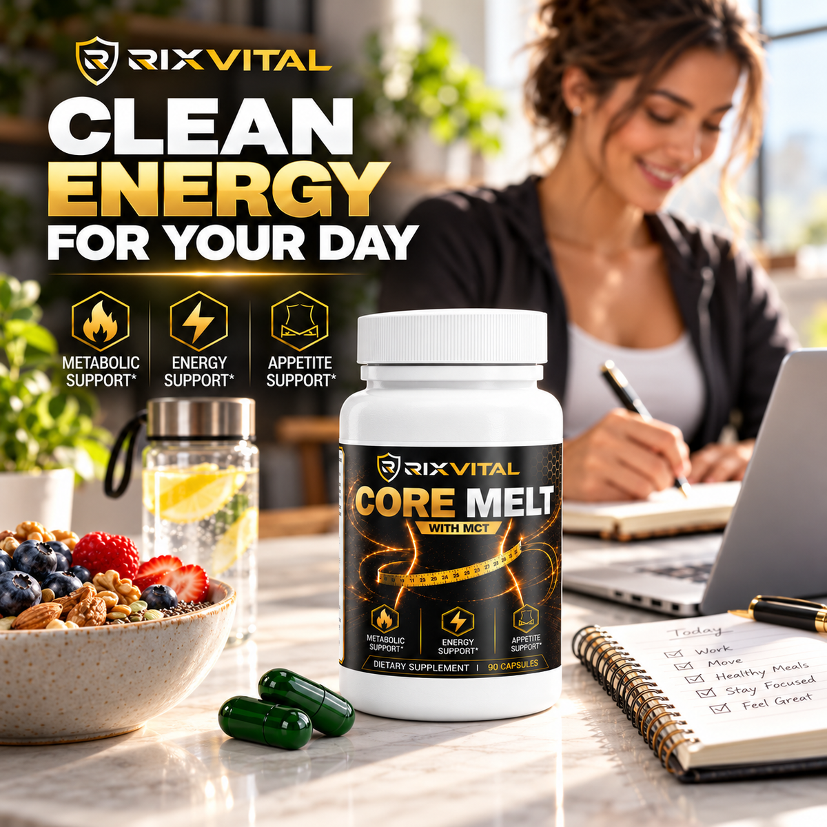 A bottle of RIXVITAL Core Melt dietary supplement is displayed on a kitchen counter with green capsules, a bowl of fruit and granola, and a woman working on a laptop in the background. Promotional text highlights 'Clean Energy for Your Day' with feature icons for metabolic support, energy support, and appetite support.