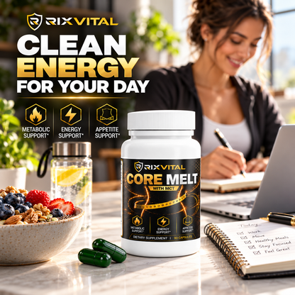 A bottle of RIXVITAL Core Melt dietary supplement is displayed on a kitchen counter with green capsules, a bowl of fruit and granola, and a woman working on a laptop in the background. Promotional text highlights 'Clean Energy for Your Day' with feature icons for metabolic support, energy support, and appetite support.