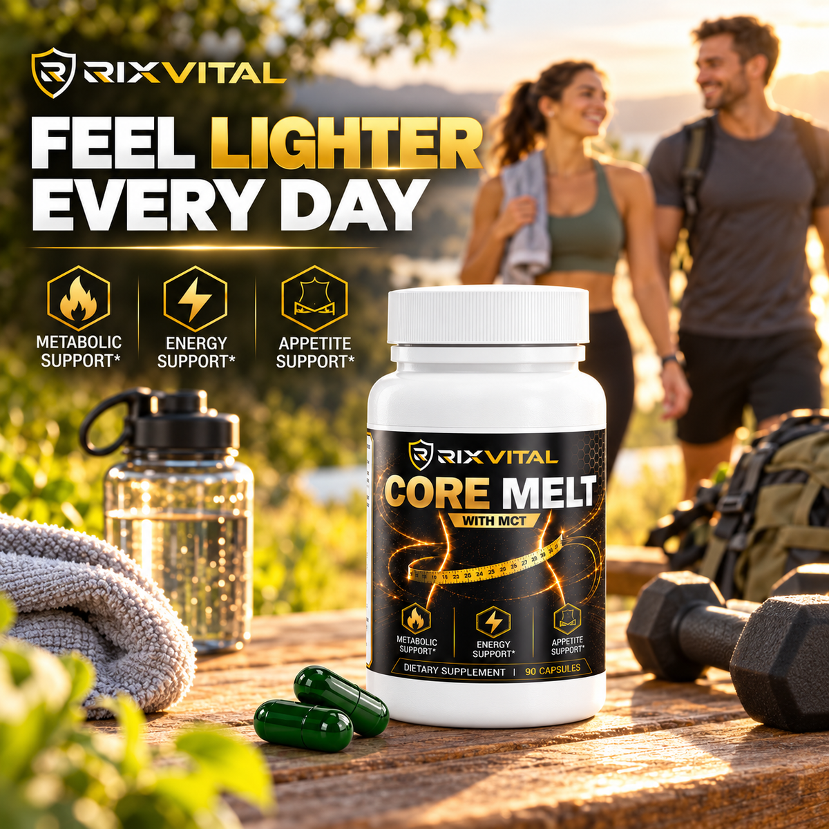 A bottle of RIXVITAL Core Melt dietary supplement with two green capsules, displayed on a wooden table outdoors with a water bottle, towel, dumbbells, and a couple of people walking in the background.