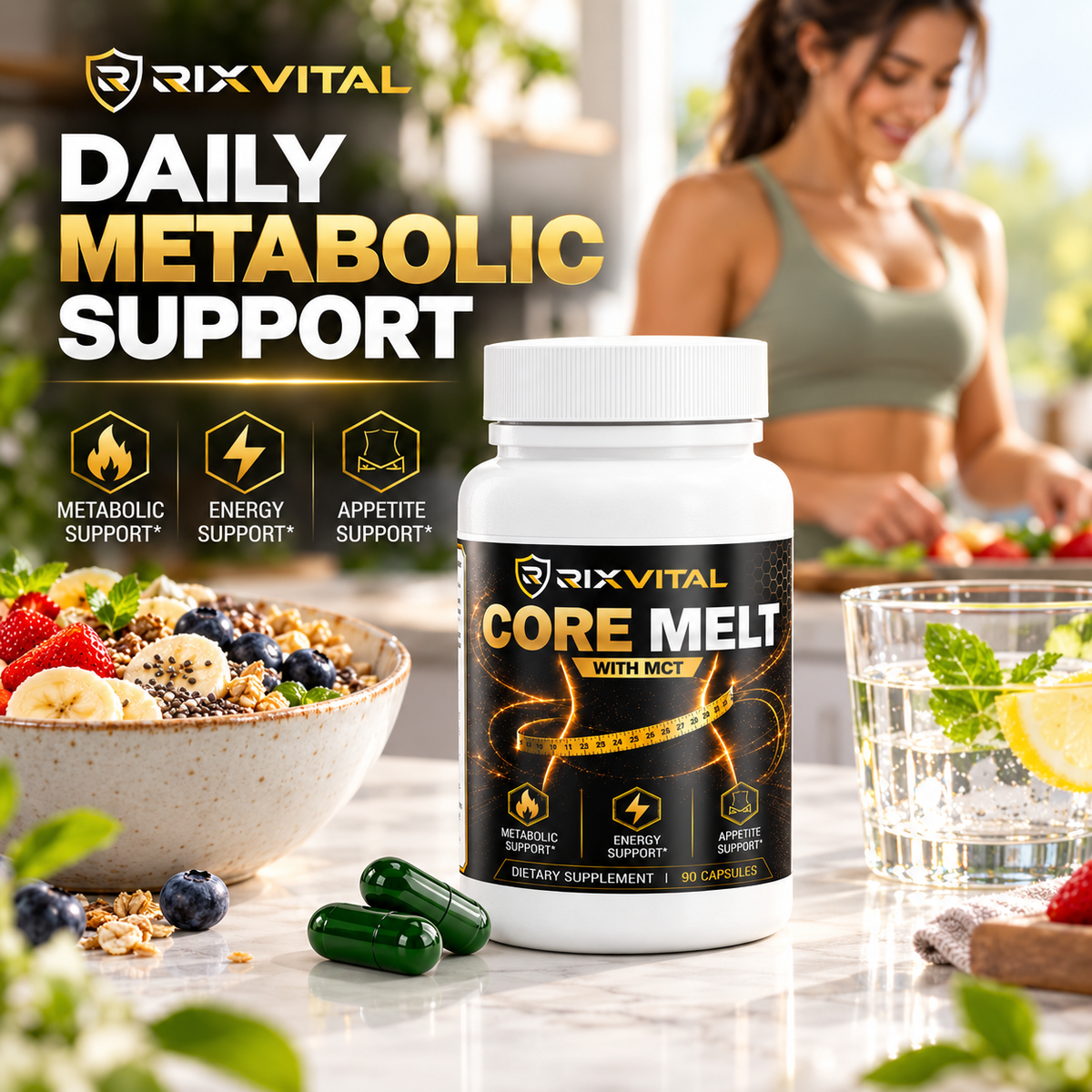 A bottle of RIXVITAL Core Melt dietary supplement with three green capsules in the foreground, set on a kitchen counter with a bowl of fruit and a woman blurred in the background. Promotional text on the left reads 'DAILY METABOLIC SUPPORT' with feature icons.