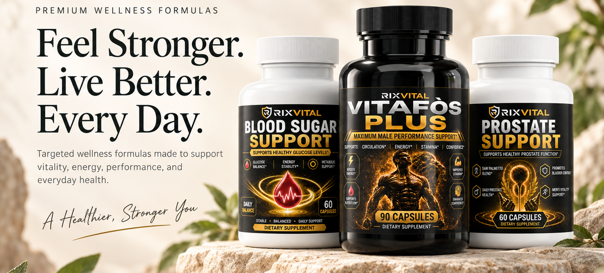Three supplement bottles from Rixvital are displayed on stone steps with green leaves in the background. The products are Blood Sugar Support, VitaFos Plus, and Prostate Support.