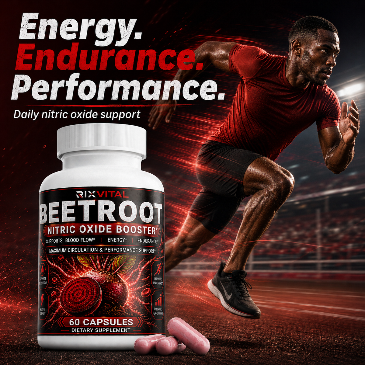 Beetroot supplement bottle with a running man on a track in the background