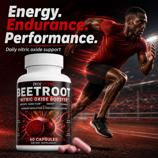 Beetroot supplement bottle with a running man on a track in the background