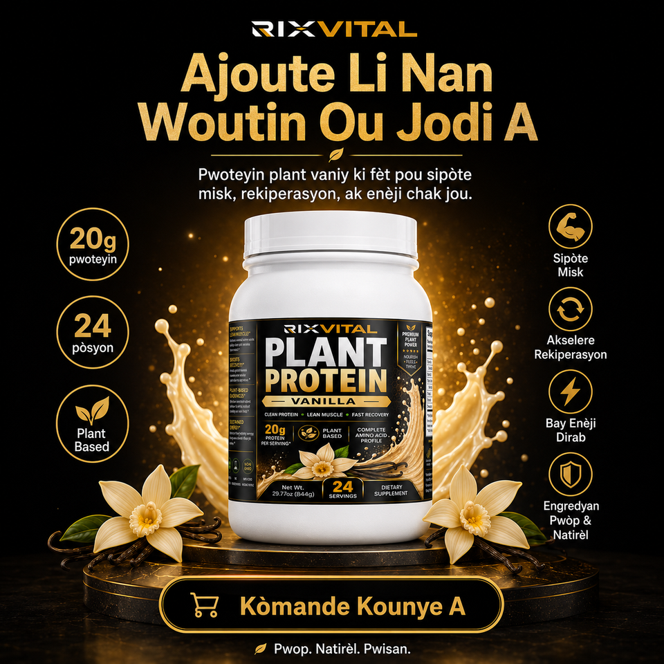 A jar of RIXVITAL Plant Protein Vanilla powder centered on a black promotional background with gold text, vanilla flowers, and splash graphics. The label reads 'RIXVITAL PLANT PROTEIN VANILLA' and includes feature callouts such as 20g protein, 24 hours, and plant based.