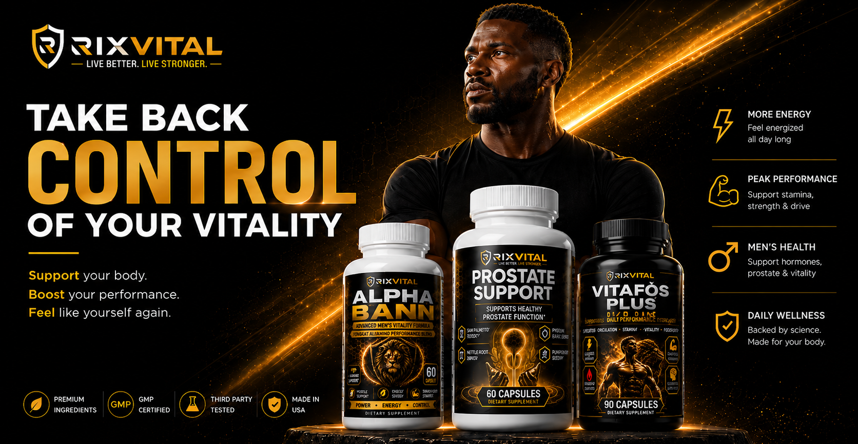 Promotional image of RixVital health supplement products with a man in the background.