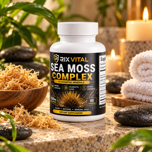 A bottle of RIX VITAL Sea Moss Complex dietary supplement placed on a stone surface with spa props including a wooden bowl of dried sea moss, dark stones, green leaves, and rolled towels in the background.