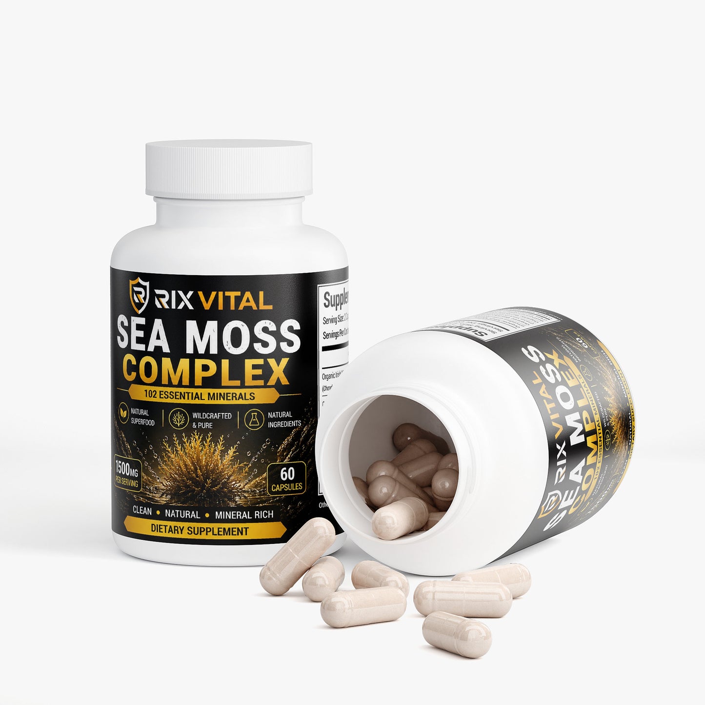 Rix Vital Sea Moss Complex supplement bottle with open cap showing capsules on a white background