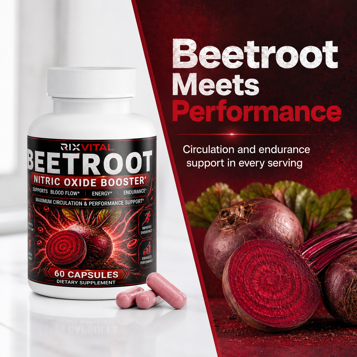 Supplement bottle labeled 'Beetroot Nitric Oxide Booster' with beetroot graphics on a red and white background.