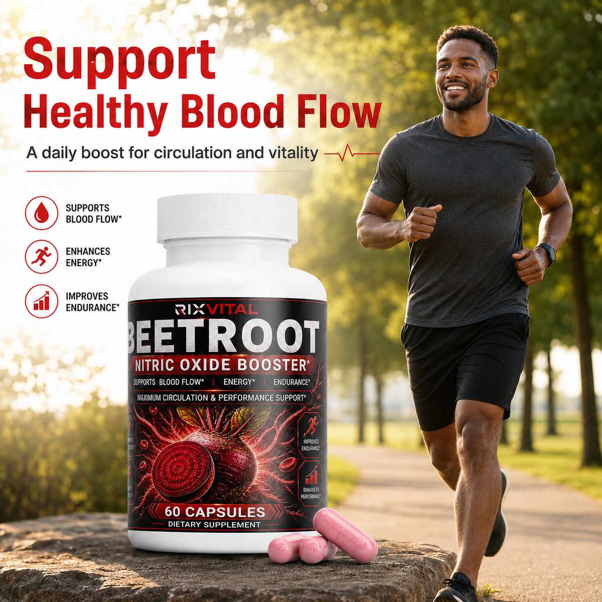 Supplement bottle labeled 'Beetroot Nitric Oxide Booster' with a man running in the background.