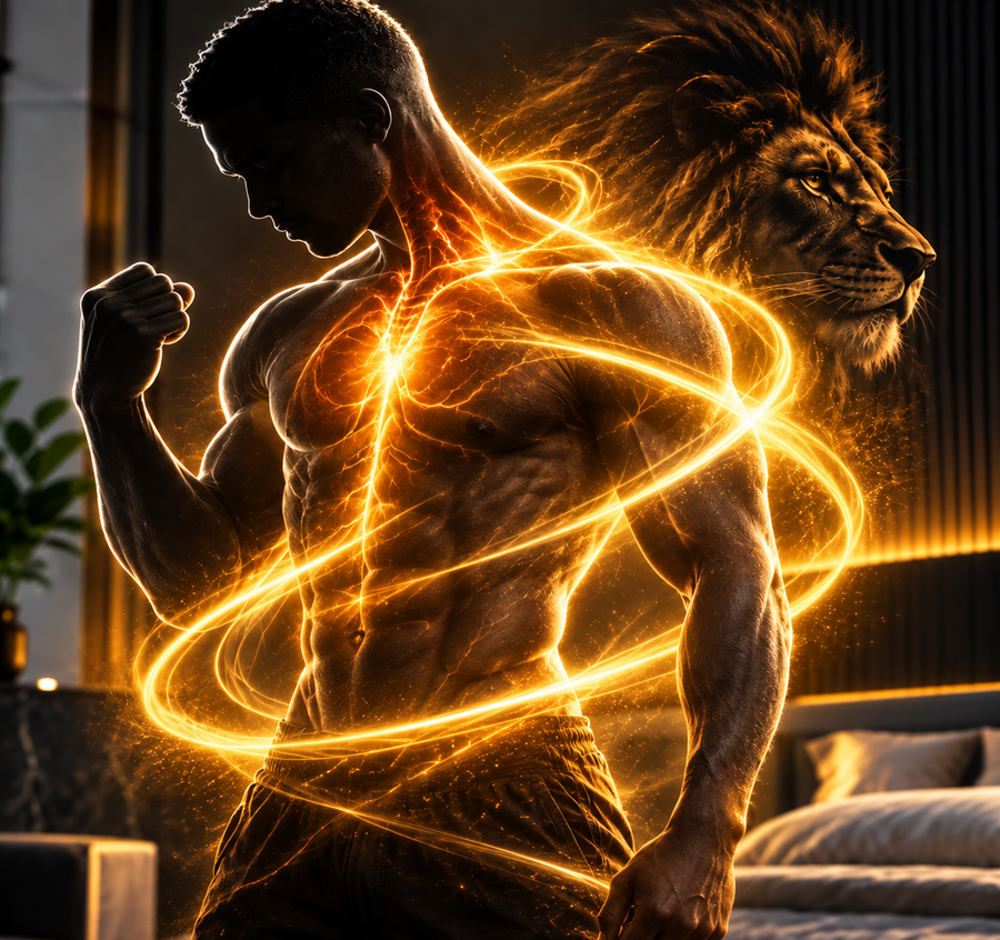 A muscular man flexing in a dimly lit bedroom, surrounded by glowing golden light trails, with a lion's head and mane visible behind him.