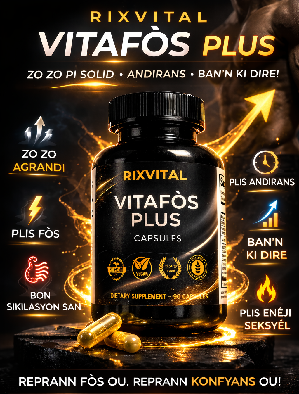 Rixvital Vitafos Plus supplement bottle with glowing effects on a dark background